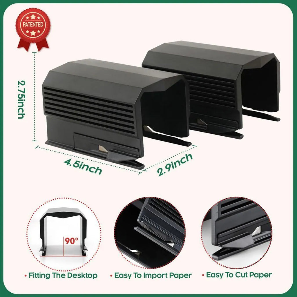 Plastic injection-moulded roll paper cutter in black, red, and green, with a single pack and 2-pack option