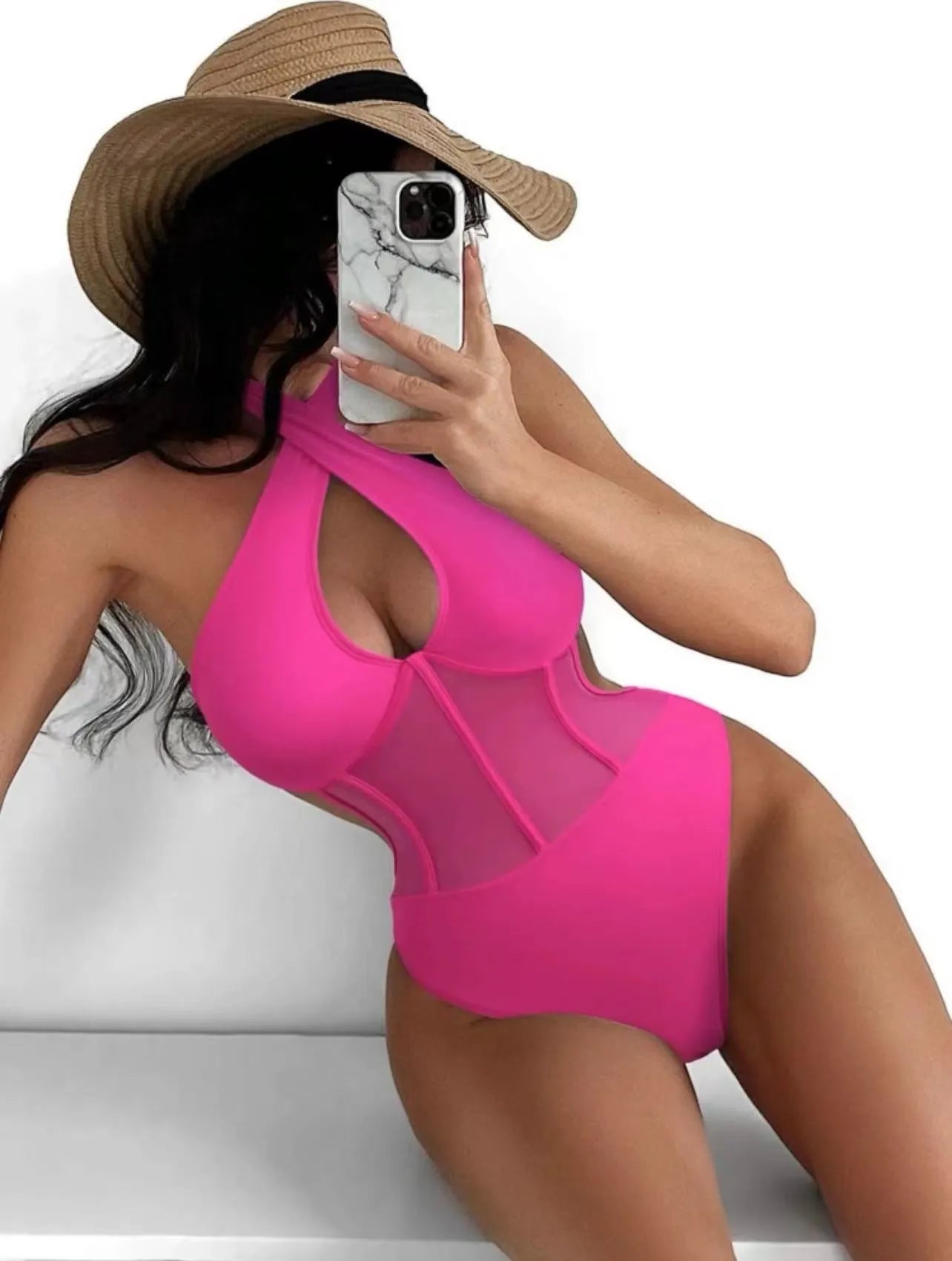 Women's black spun yarn one-piece swimsuit bikini on a hanger