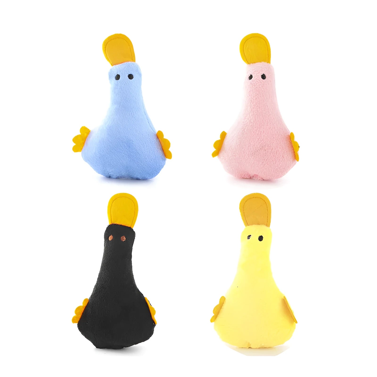 Colourful duck-shaped plush pet toy with catnip filling and internal squeaker for dogs and cats
