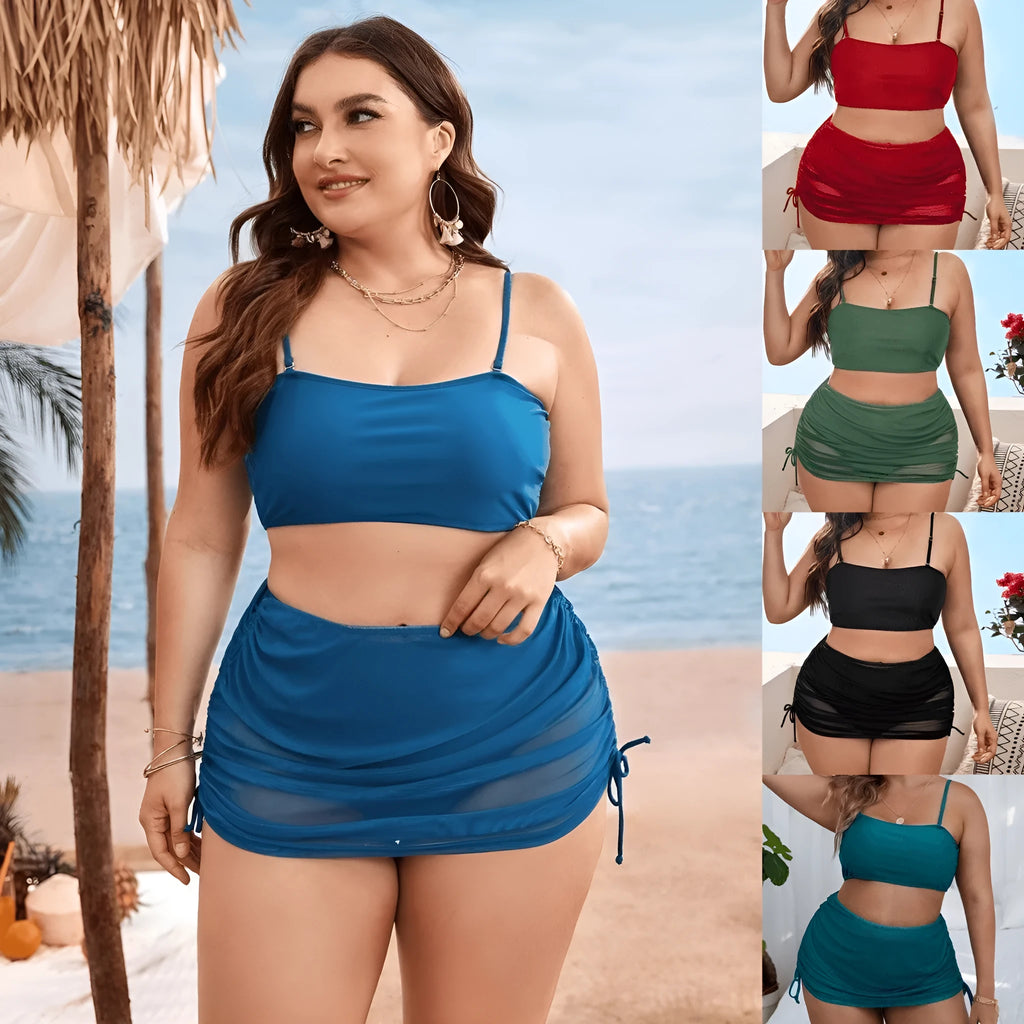 Solid colour mesh bikini three-piece set for women in black with spandex lining, sizes 0XL-4XL