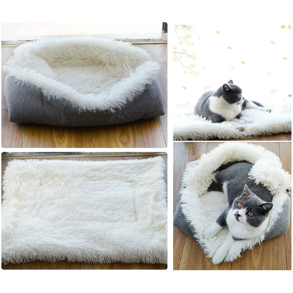 Gray self-heating pet blanket nest with long plush fur and non-slip black bottom, 61x51 cm