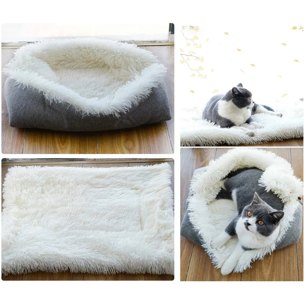 Gray self-heating pet blanket nest with long plush fur and non-slip black bottom, 61x51 cm
