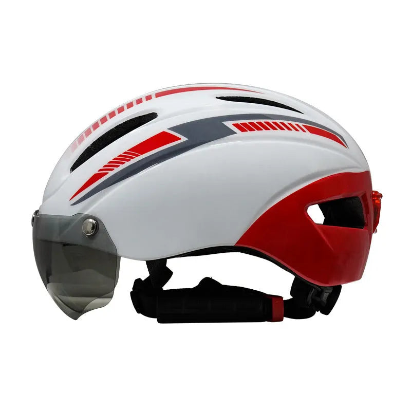 Adult bicycle helmet with goggles and taillight in blue, white, and black colour scheme