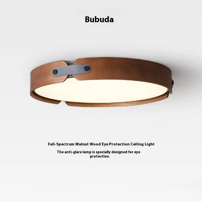 Japanese creative walnut bedroom ceiling lamp with wooden shade and PMMA lampshade, available in 42cm and 56cm