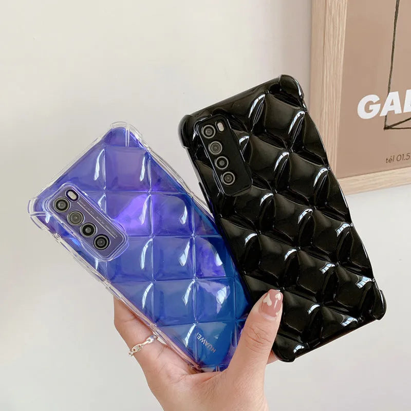 Black silicone diamond pattern phone case for a Huawei smartphone on a white background.