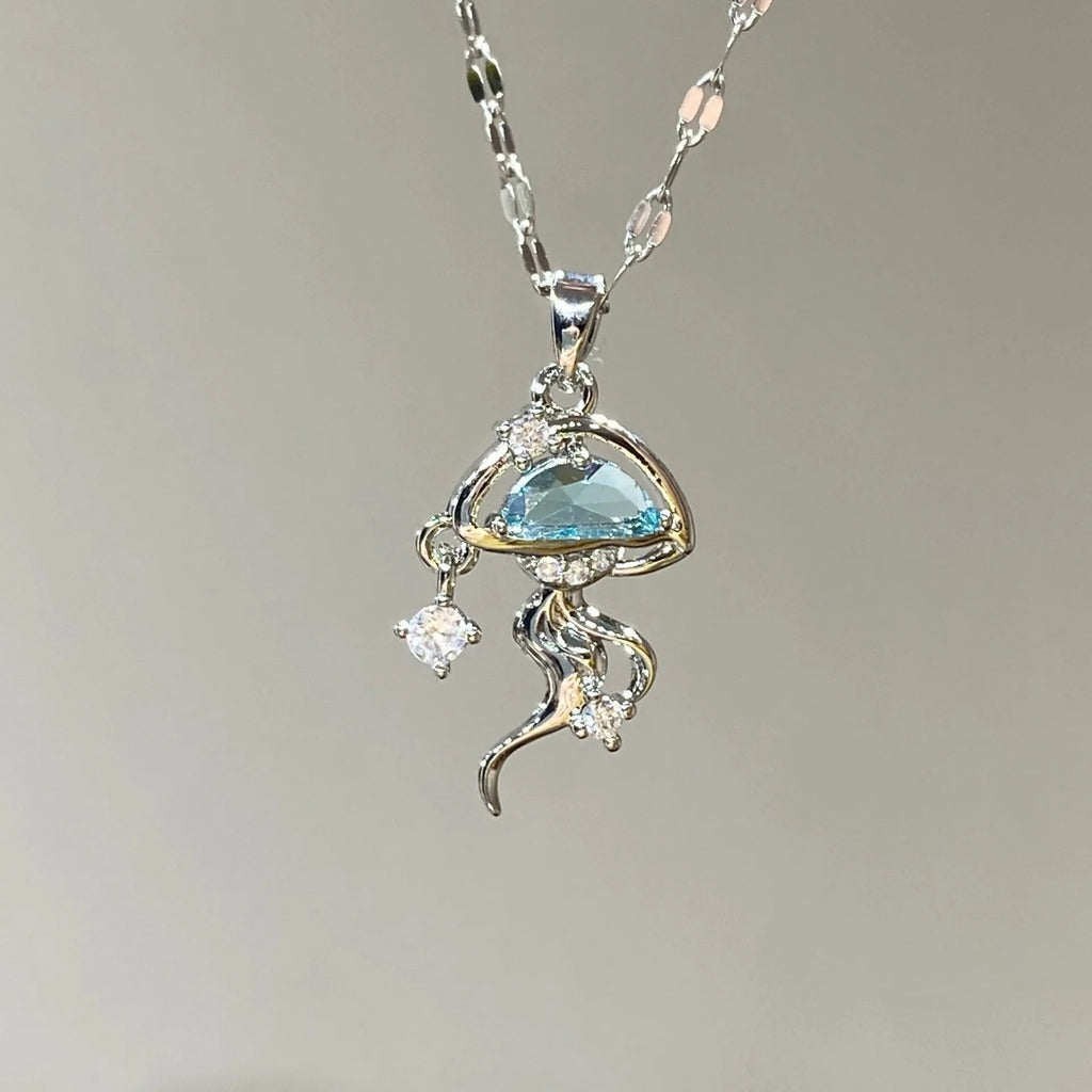 S925 sterling silver blue jellyfish necklace white gold colour pendant on adjustable chain