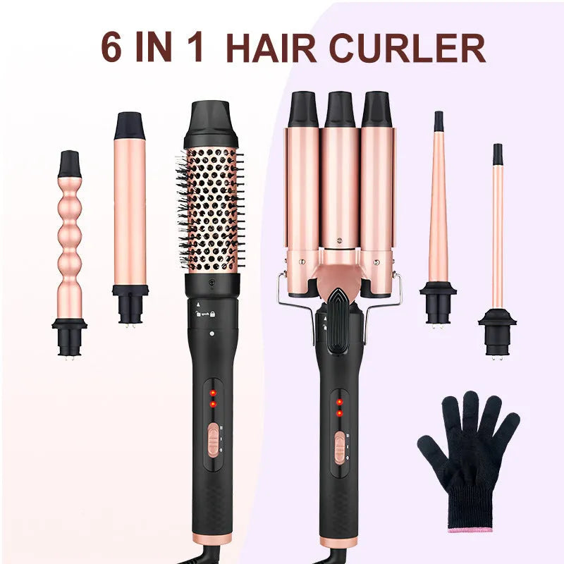 All-in-one three-tube water wave hair curler set with multiple voltage options and wired AC power supply