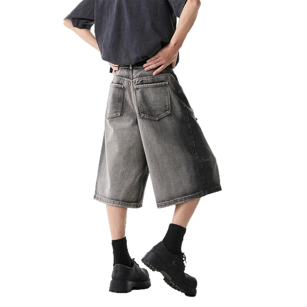 High Street loose fit cotton denim shorts in gray with water washed hole detail for summer