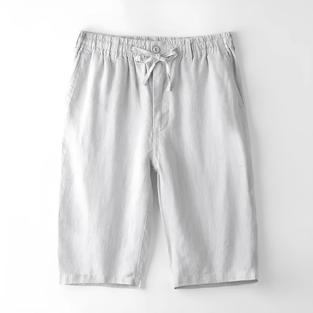 Casual loose beach capris for men in linen, shown in light gray colour with straight-leg fit