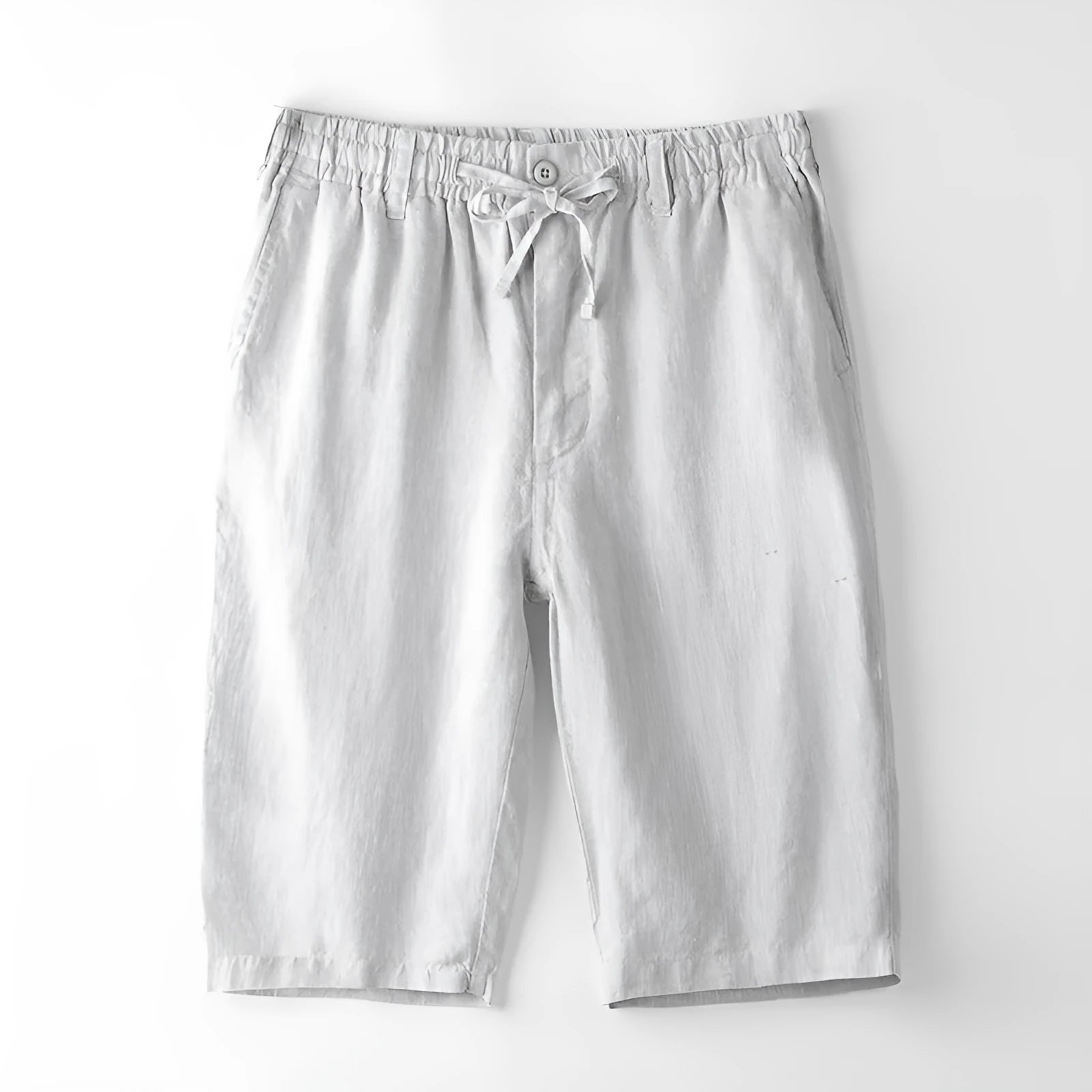 Casual loose beach capris for men in linen, shown in light gray colour with straight-leg fit