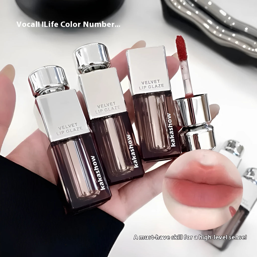 Kakashow Velvet Lip Paint matte lipstick in soft mist finish showing six colour shades