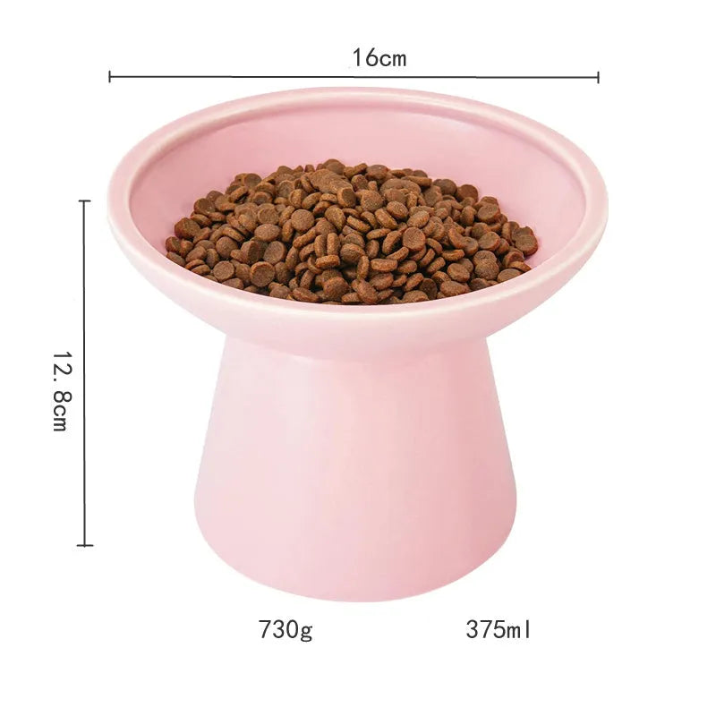 Ceramic elevated cat food bowl with wide shallow design in blue colour
