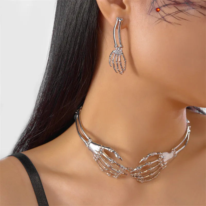 Dark style skull ghost claw necklace earrings set electroplated alloy silver black women