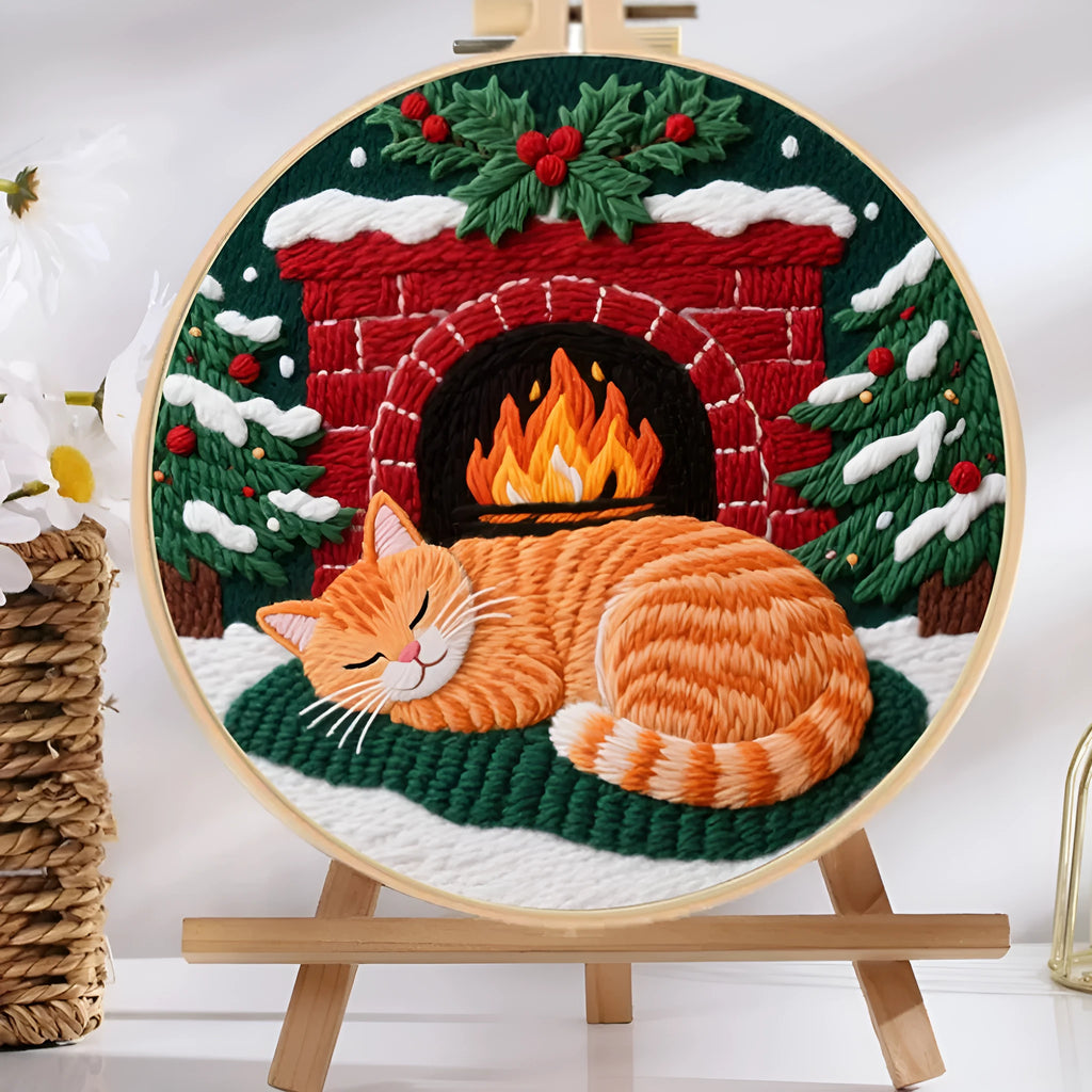 Cat embroidery DIY kit with cotton linen fabric, autumn fruit patterns, and bamboo embroidery frame
