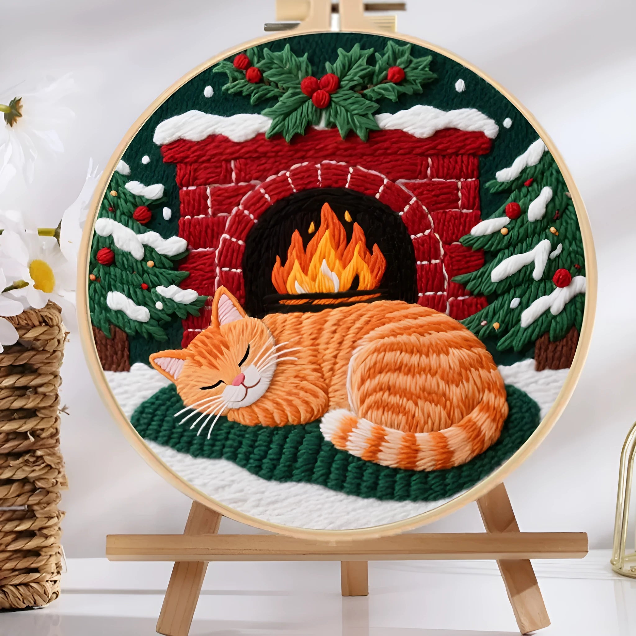 Cat embroidery DIY kit with cotton linen fabric, autumn fruit patterns, and bamboo embroidery frame