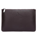 Men's black checkered PU leather clutch wallet showing card slots and zip pocket