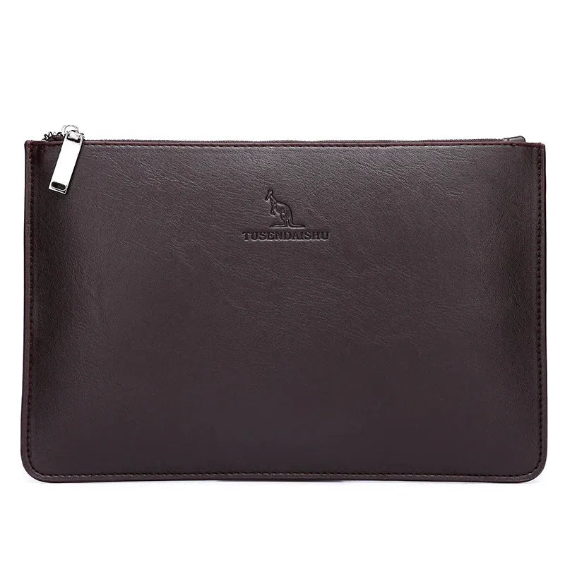Men's black checkered PU leather clutch wallet showing card slots and zip pocket