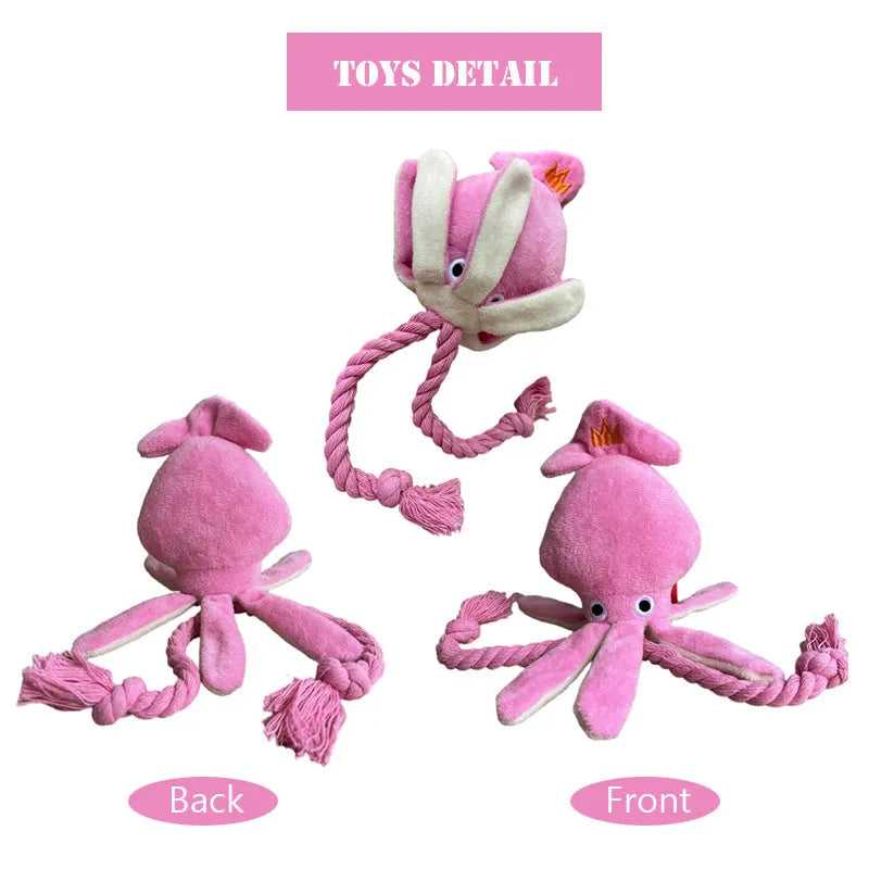Pink squid plush dog chew toy with squeaky sound, 32cm corduroy toy for small and medium dogs