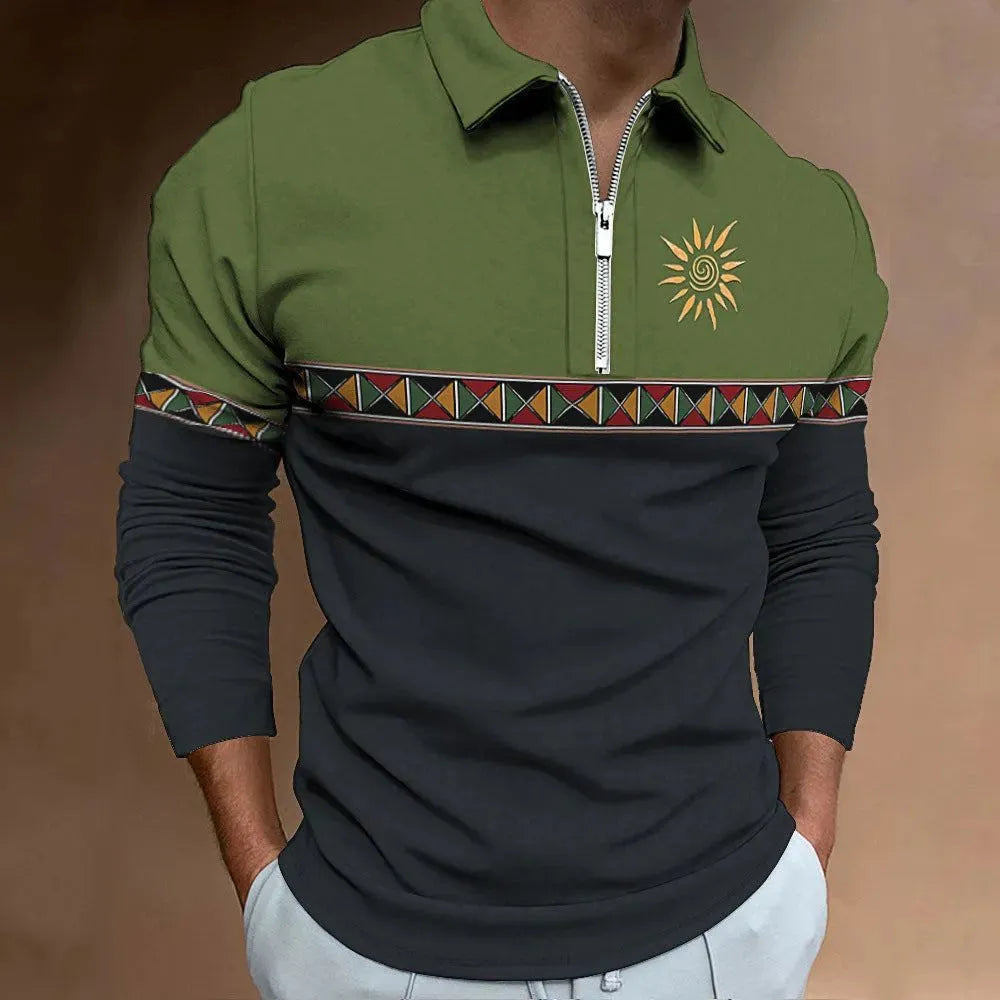 Men's loose-fit long sleeve polo shirt with retro colour printing and striped pattern.