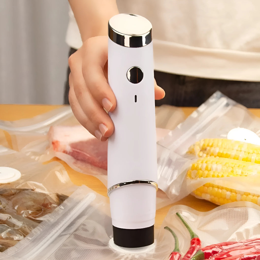 White USB electric suction pump and five 26x28cm food grade vacuum bags with zipper and air valve