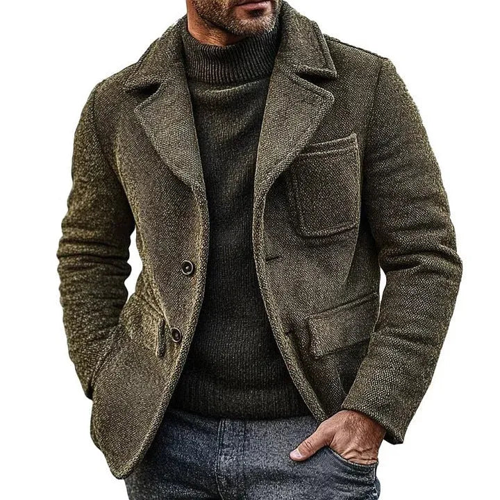 Men's retro solid colour Army Green woolen coat on display for casual winter wear