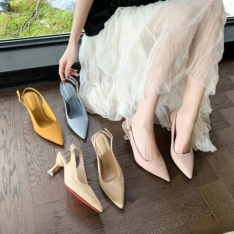 Suede pointed stiletto high heels in pink with a slim heel and microfiber lining