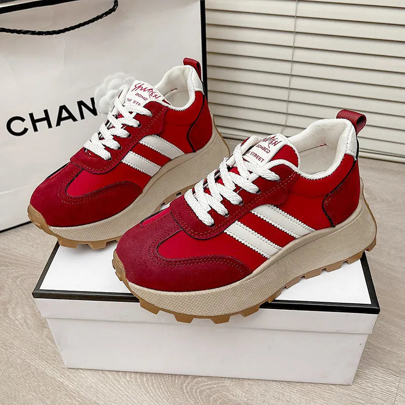 Women's platform casual sneaker in beige with round toe and mid-cut design