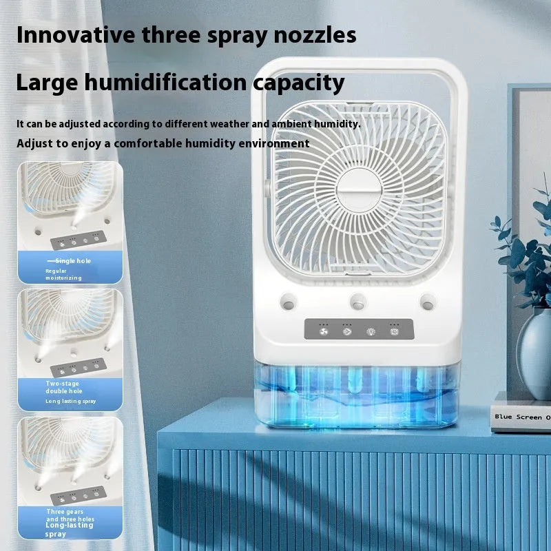 White USB rechargeable cooling fan with three spray nozzles, 270-degree adjustable head, and night light on a desk