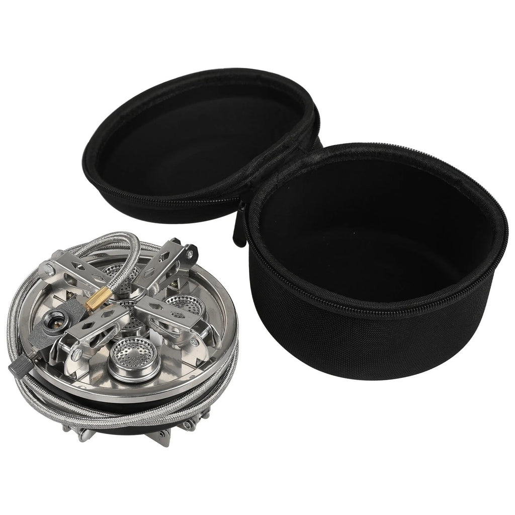 Silver portable split camping stove with stainless steel construction and fuel hose