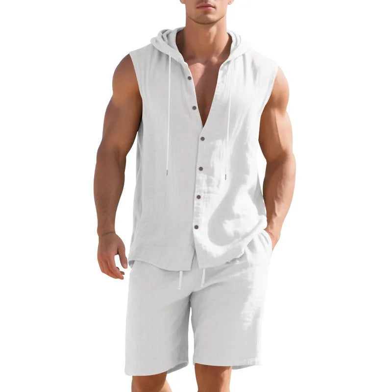 Linen sleeveless shirt shorts suit for men in army green, S-XXXL size range