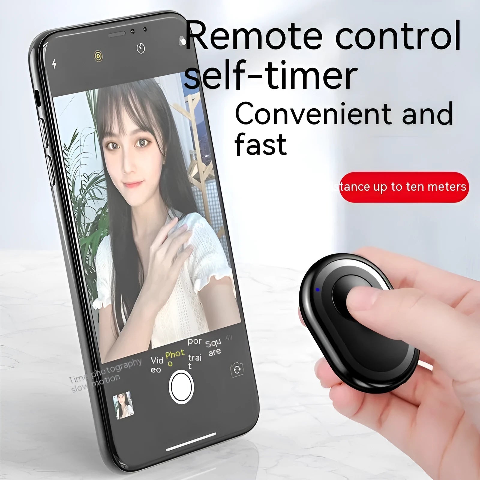 Wireless Bluetooth remote self-timer photo control in black, plastic compact 48mm size