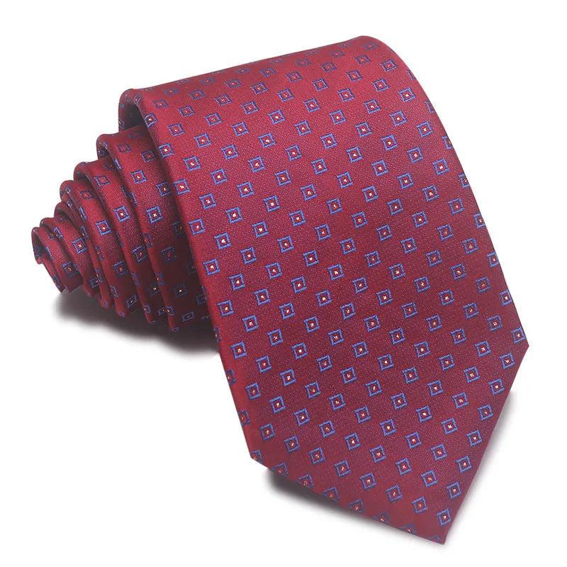 8cm wide red and blue striped polyester jacquard men's business tie on a white background.