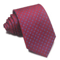 8cm wide red and blue striped polyester jacquard men's business tie on a white background.