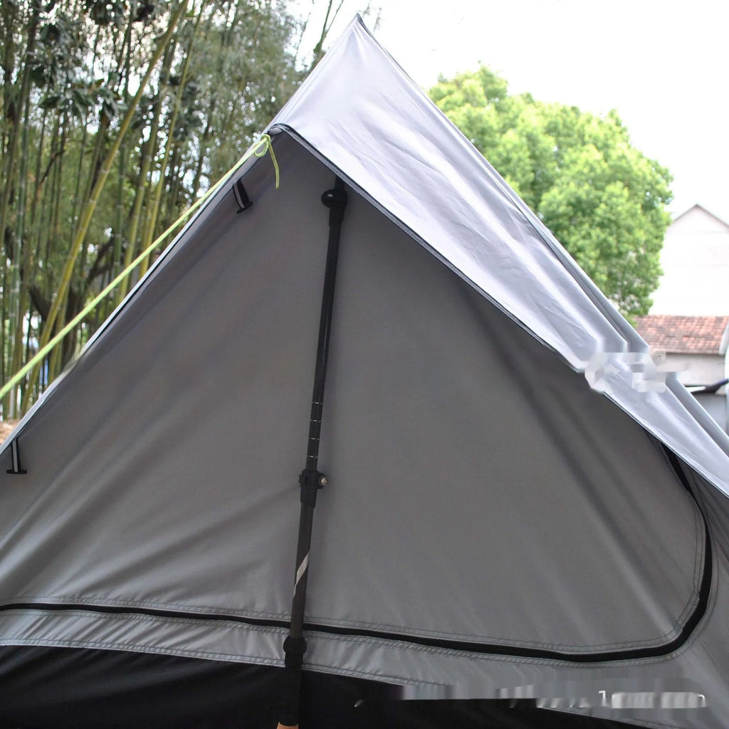 Brown or white A-line pole-free tent pitched with hiking canes showing 210x150x110cm dimensions