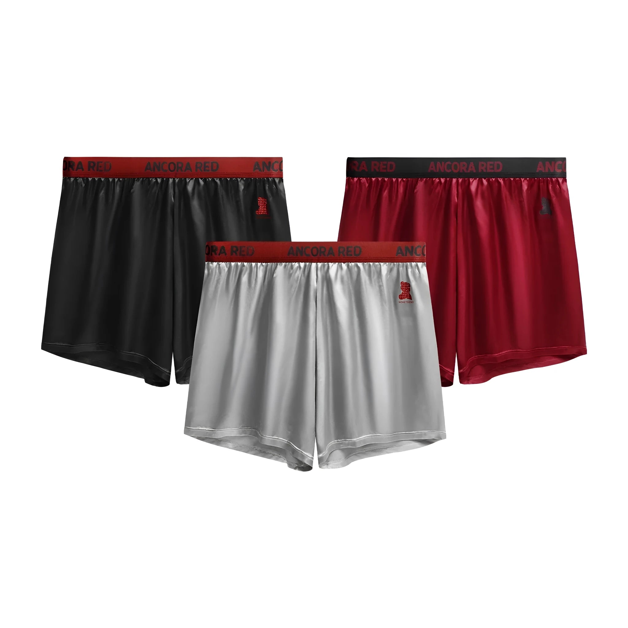 Men's solid colour boxer briefs in black, blue, red, silver, purple and brown showing mid-waist design