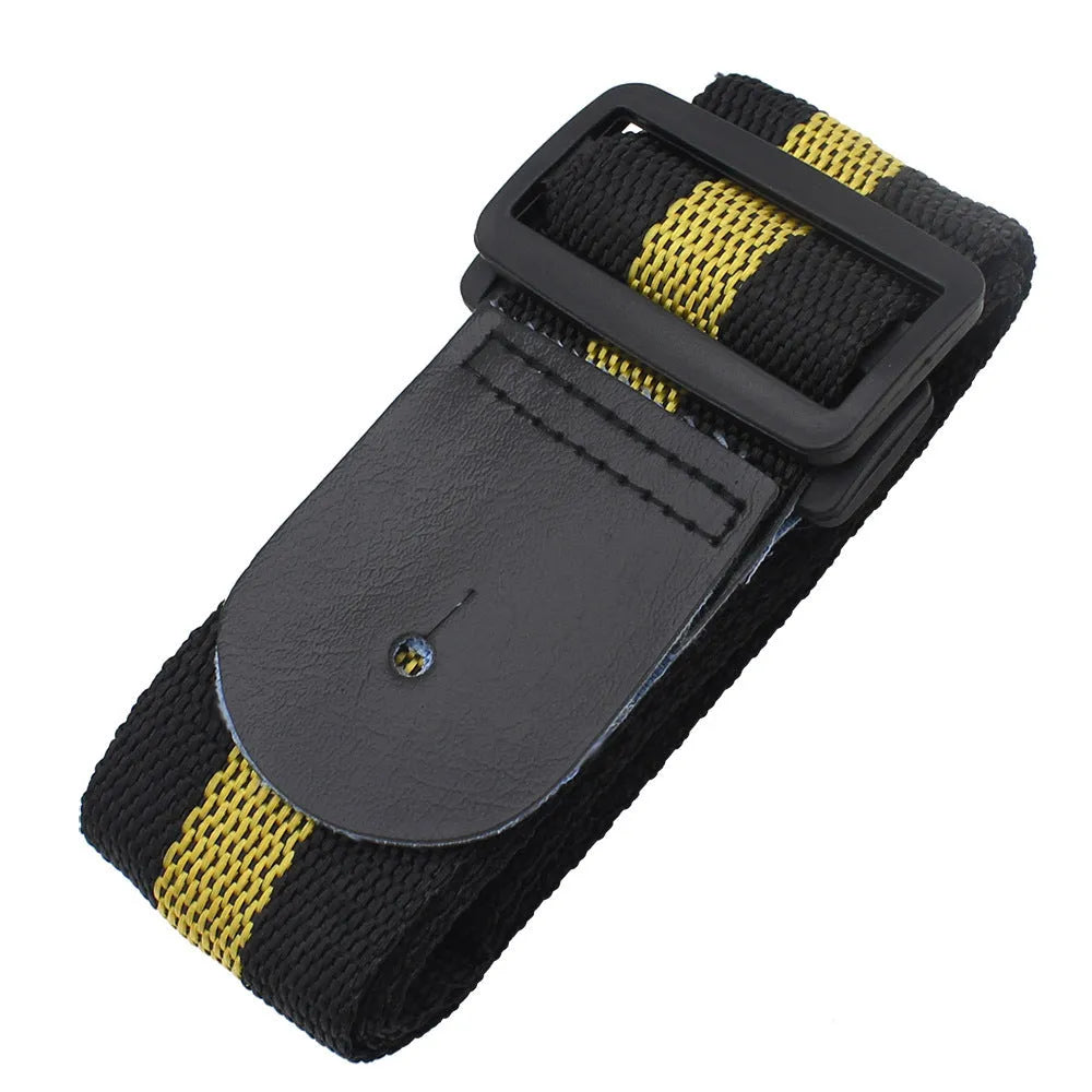 Adjustable woven guitar strap showing length adjustment and five colour options