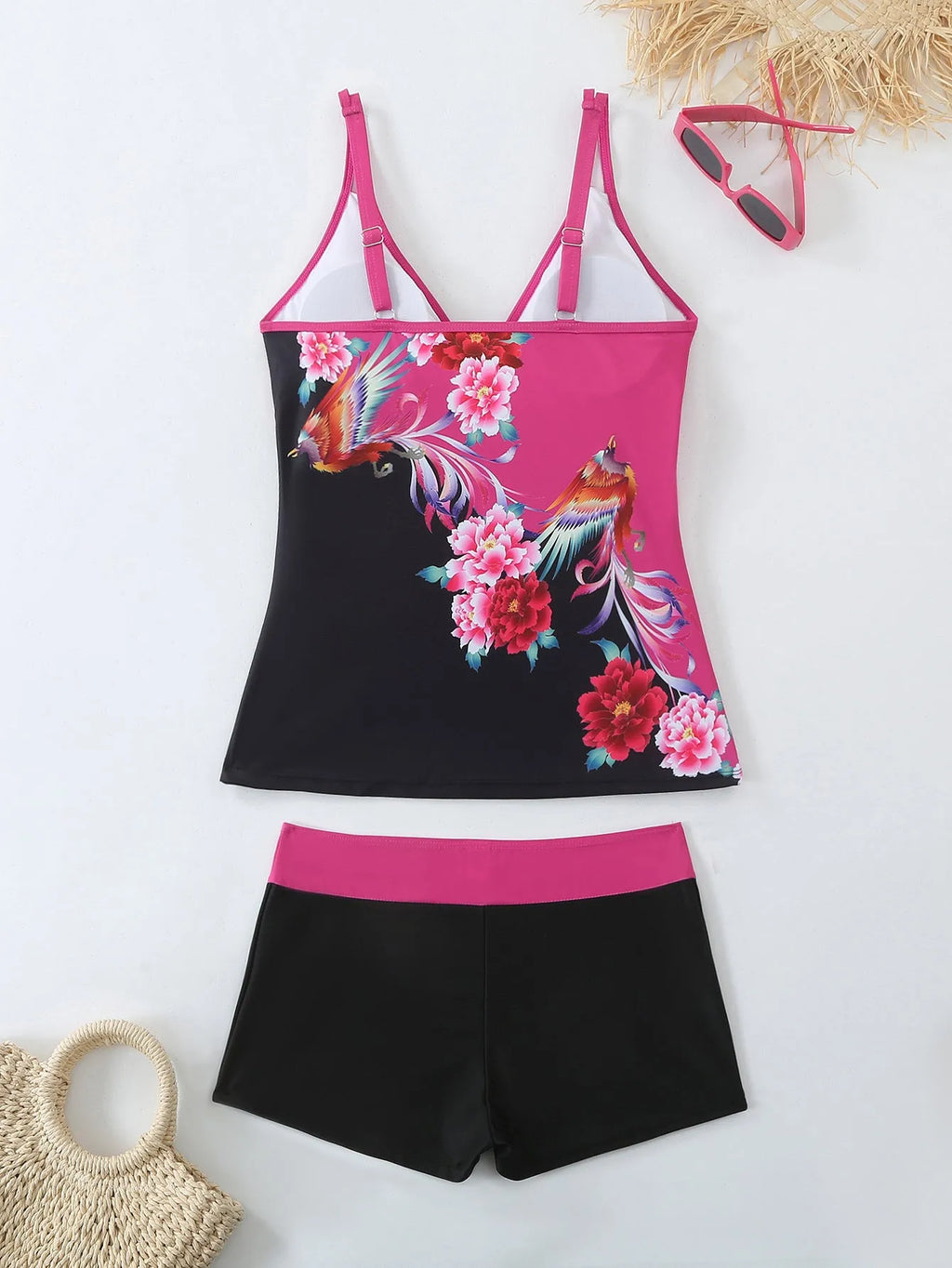 Plus size black and rose red two-piece swimsuit set with briefs and swimming trunks.