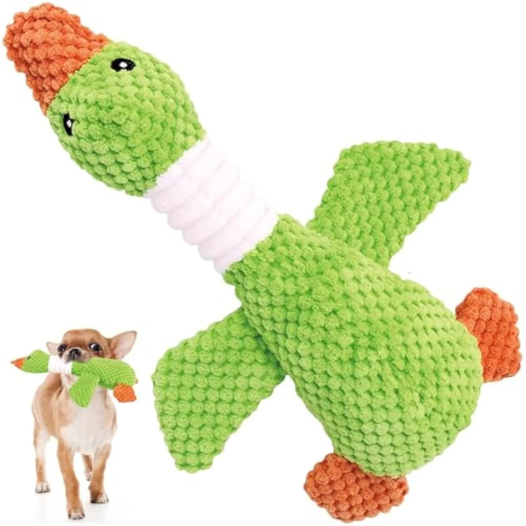 Blue duck-shaped plush dog toy with squeakers for chewing play measuring 33cm long