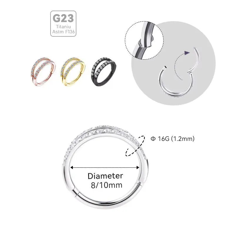 G23 titanium alloy piercing ring with zircon diamond-like coating in gold colour, showing thickness and length dimensions