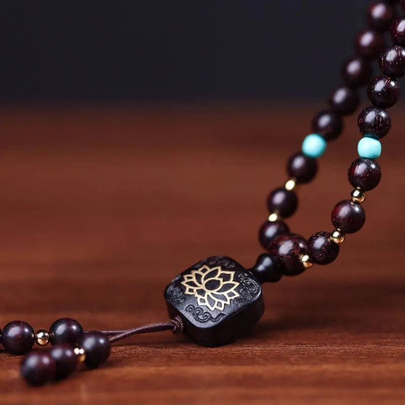 Zambia Rosewood Buddha bead bracelet with flat lotus pendant, 108 beads, grinding finish