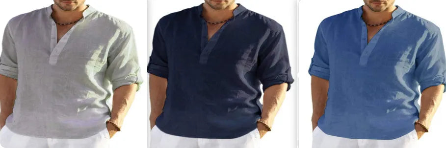 Men's casual cotton linen long sleeve shirt bundle in multiple colours with stand collar design