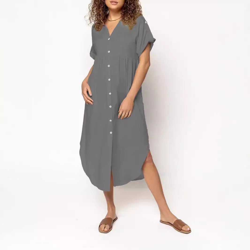 Women's loose fit mid-length casual dress with button front closure in solid colour