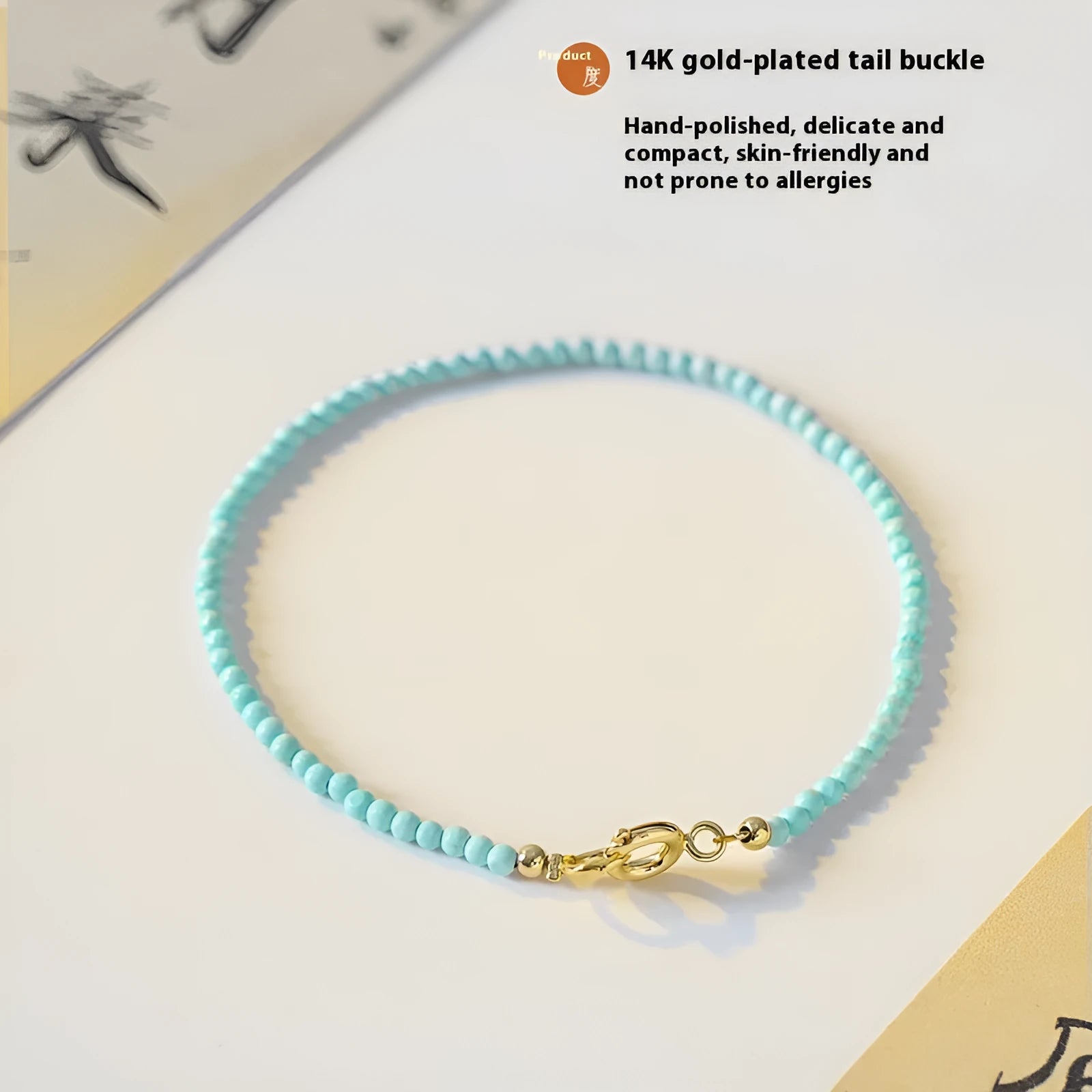Women's natural turquoise bracelet 2mm beads unisex Chinese style raw ore finish on white background