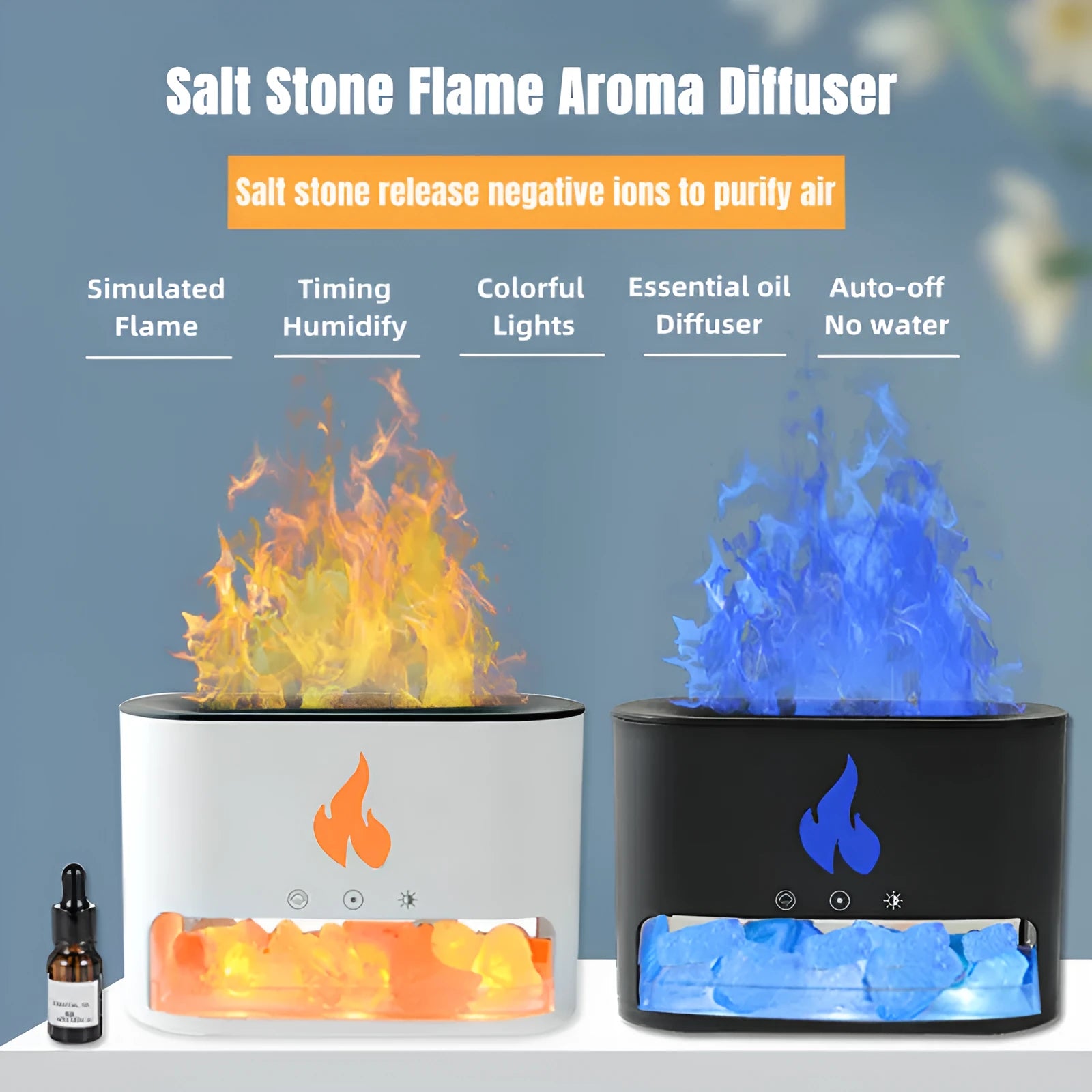 New Flame Humidifier with 3D simulation flame, crystal salt stone, colourful night light, USB powered, white shell
