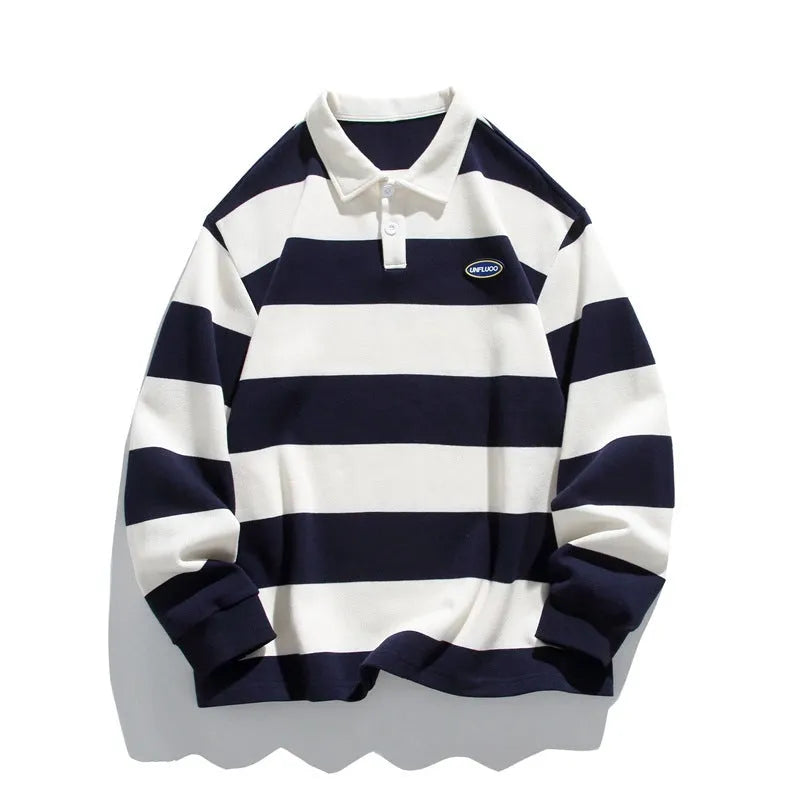 Hong Kong style pearl cotton polo shirt with striped sweater lapel in autumn colours