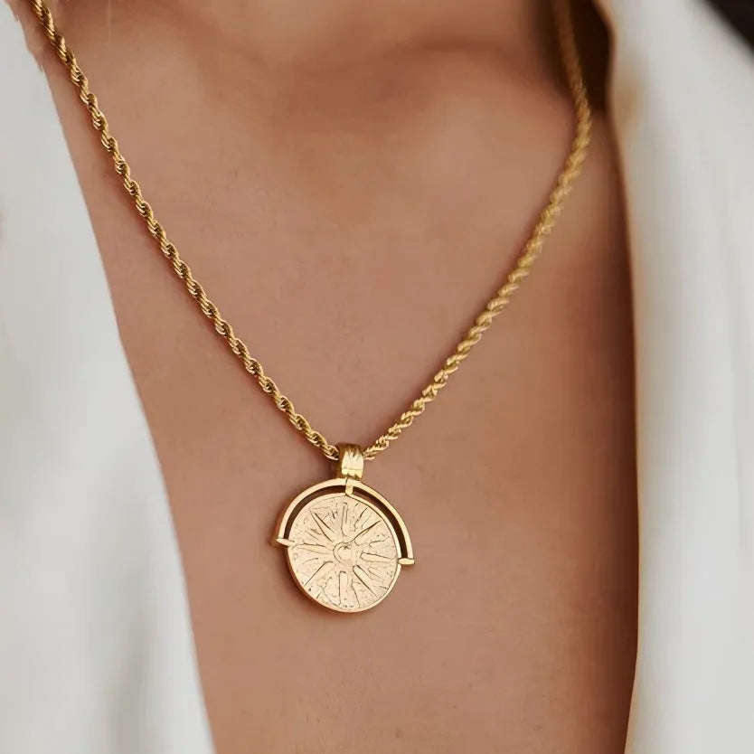 Sunflower embossed geometric pendant necklace on stainless steel adjustable chain