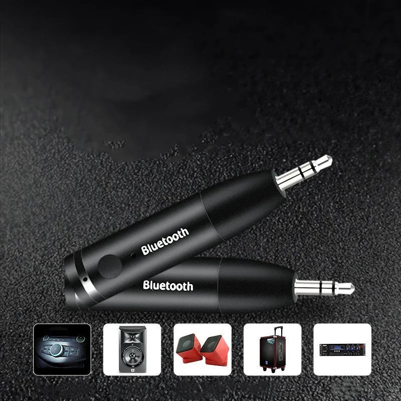 Black car AUX Bluetooth audio receiver with 3.5mm jack for wireless music streaming to car stereos