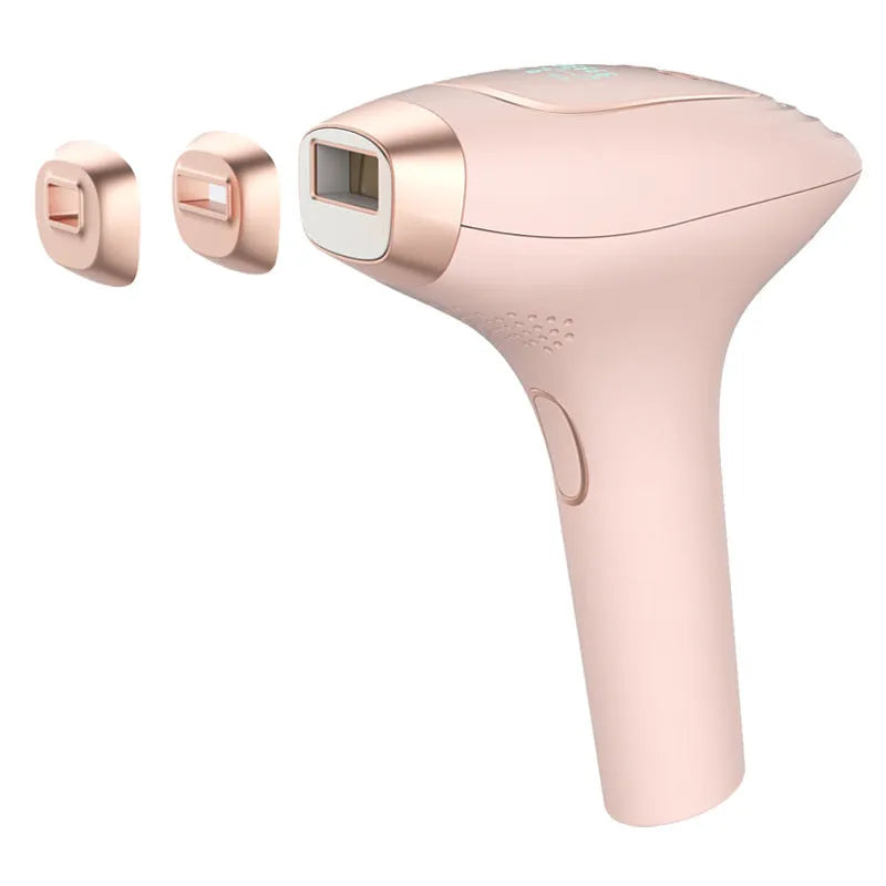 Pink and white cordless laser hair removal device with ice-sensing technology and a shaver attachment on a white background.