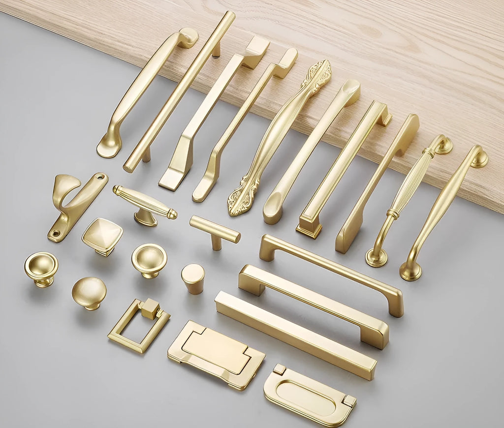 Gold T-shaped aluminium alloy cabinet door handle with single hole mounting