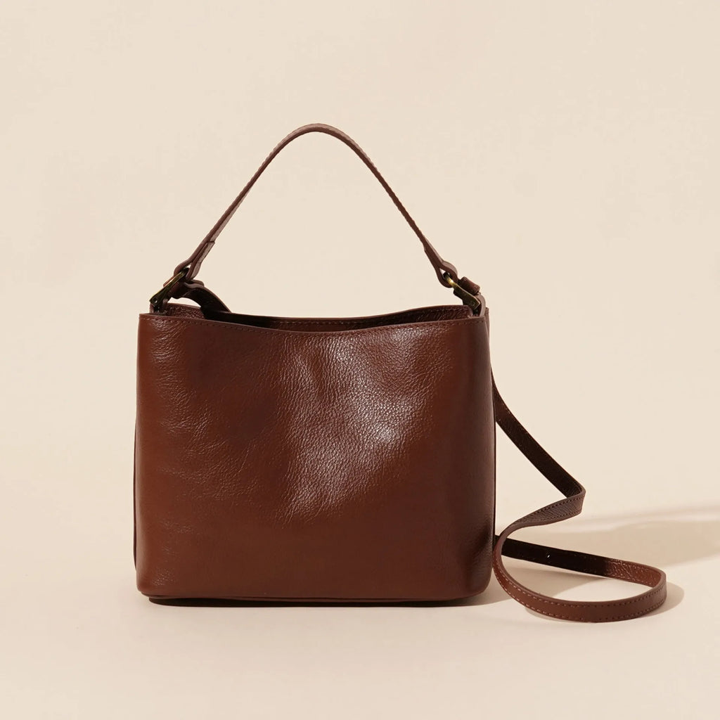 Genuine cowhide leather shoulder handbag sugar brown square vertical shape with sewing thread details on front